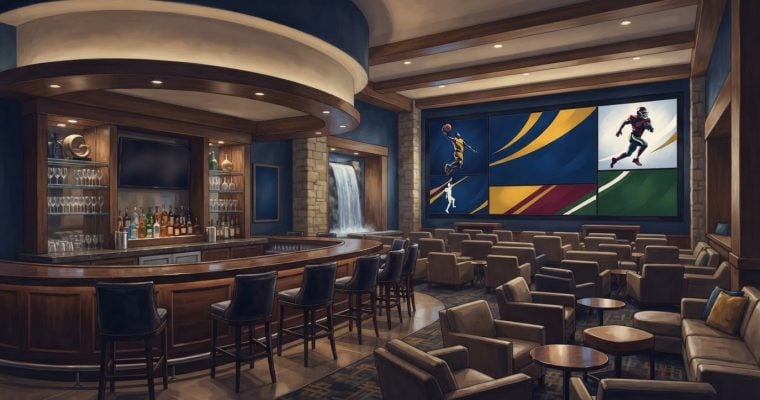 An artist's rendering shows a luxurious sports lounge with a bar, comfortable seating, and a large multi-screen display featuring basketball and football imagery.